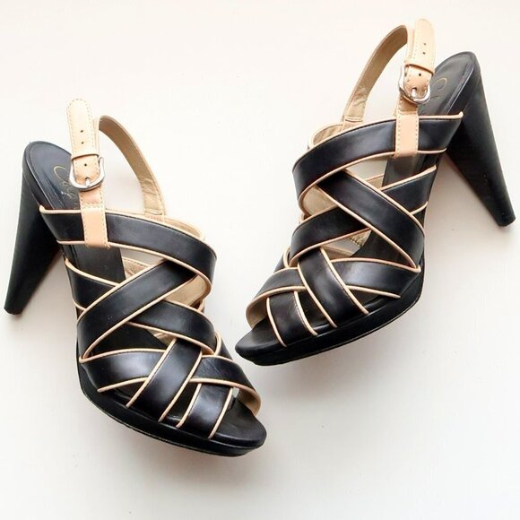 Cole Haan Black & Cream Leather Strappy Slingback Peep Toe Heels Sandals Shoes - Picture 1 of 16